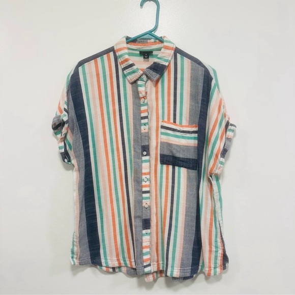 a.n.a Multicolor Striped beachy earthy casual Button-Down Shirt Size medium! - Picture 2 of 6